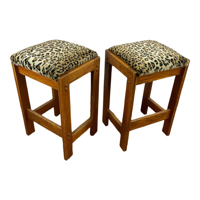 1970s Mid-Century Safari Boho Chic Faux Leopard Counter Stools, Newly Reupholstered - A Pair For Sale