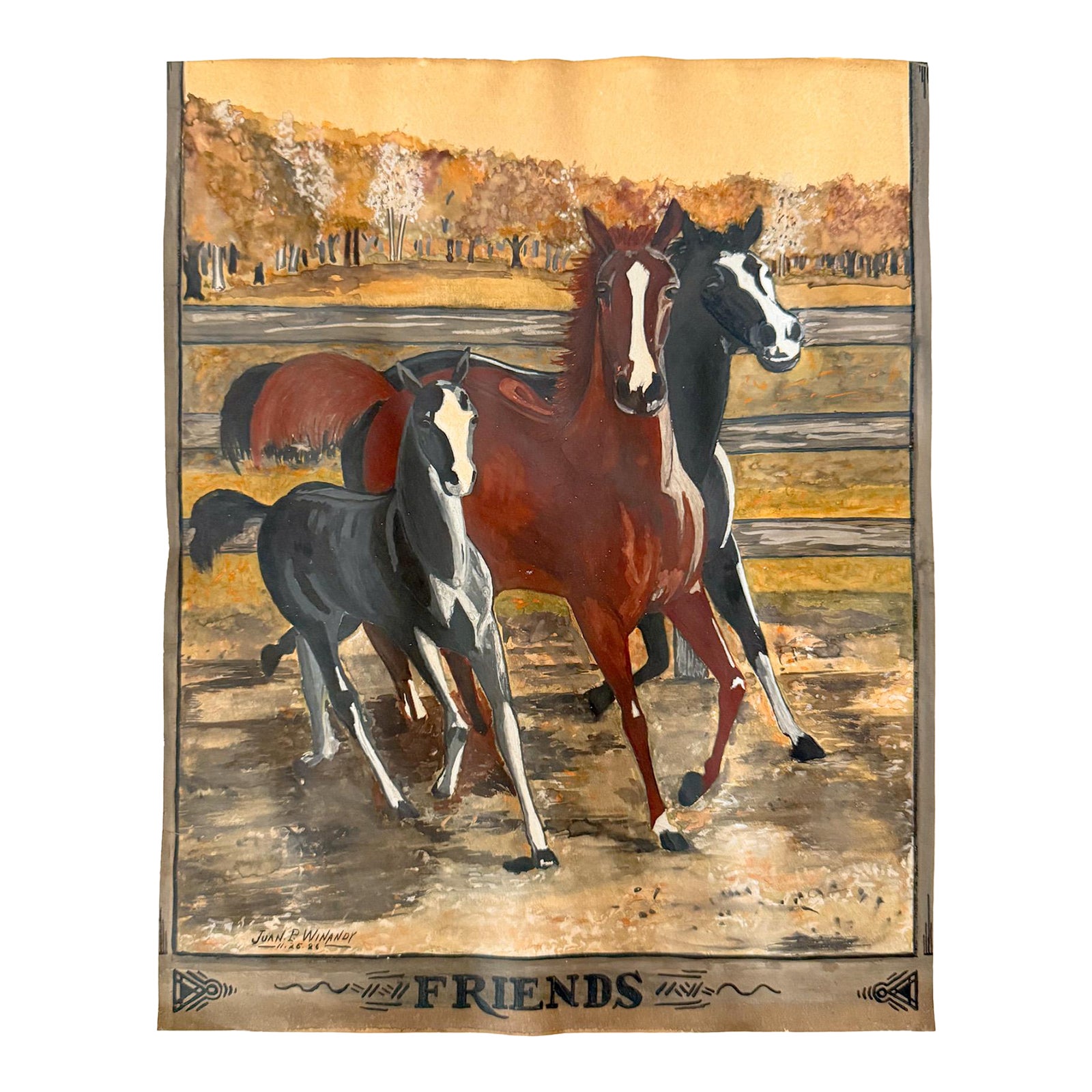 1926 Antique Original Gouache Horses Painting Titled 
