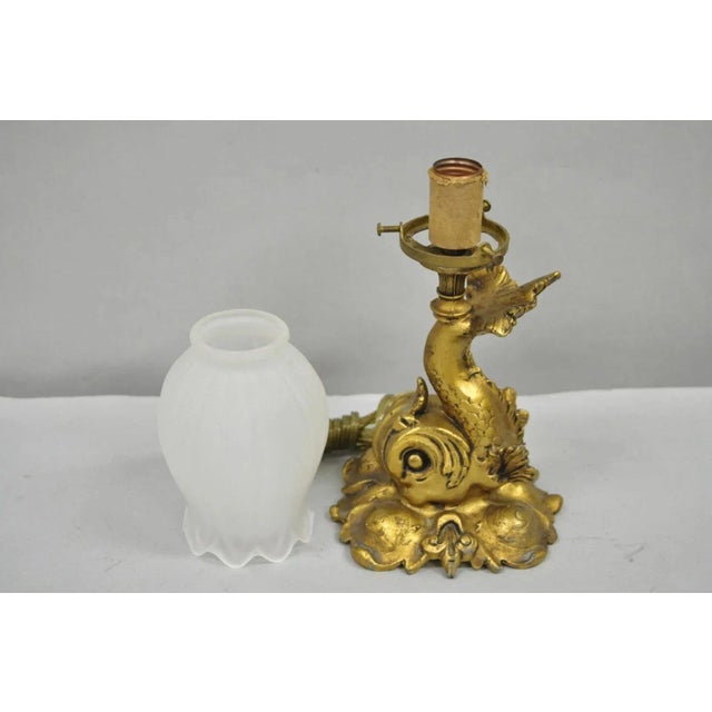 Antique French Art Nouveau Small Gold Gilt Metal Figural Dolphin Table Lamp For Sale - Image 9 of 11