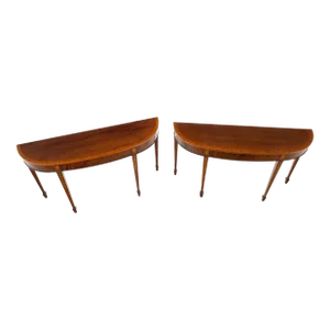 Mahogany Demi Lune Banded Inlayed Glass Tops Console Sofa Tables - A Pair