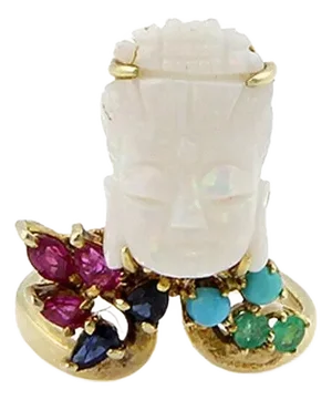 Fire Opal Buddha Head Ruby & Sapphire 14k Yellow Gold Ring, Size 4.5