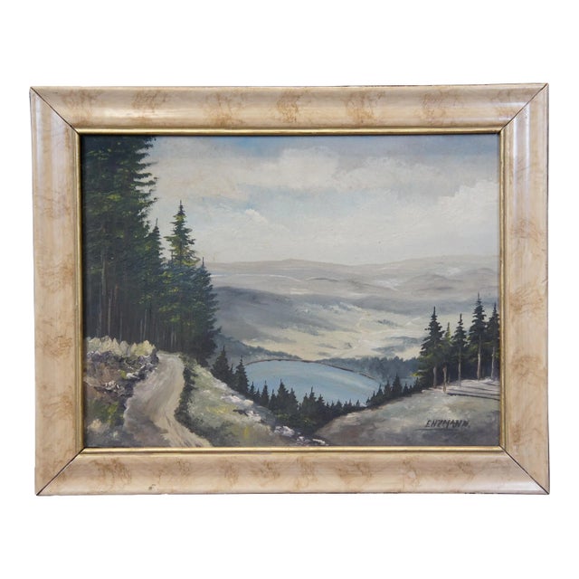 Vintage Eduard Enzmann Alpine Lake Landscape Oil Painting on Board 19" For Sale
