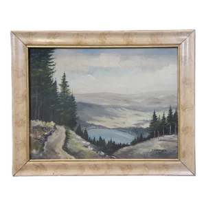 Vintage Eduard Enzmann Alpine Lake Landscape Oil Painting on Board 19"
