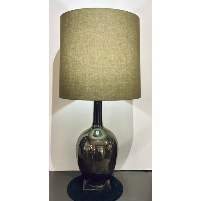 Stylish Currey & Company Green Metallic Glaze Porcelain Table Lamp, sage green fabric shade, showroom floor sample