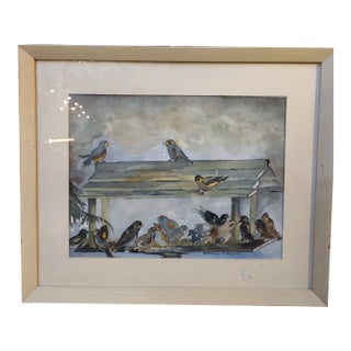 1950s Charming Vintage Watercolor of Birds at a Feeder For Sale