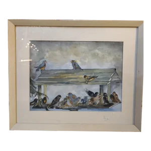 1950s Charming Vintage Watercolor of Birds at a Feeder