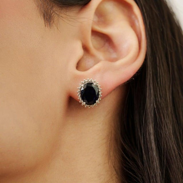 4 Carat Blue Iolite Gemstone Diamond Halo Stud Earrings in Silver- 2 Pieces For Sale - Image 4 of 12