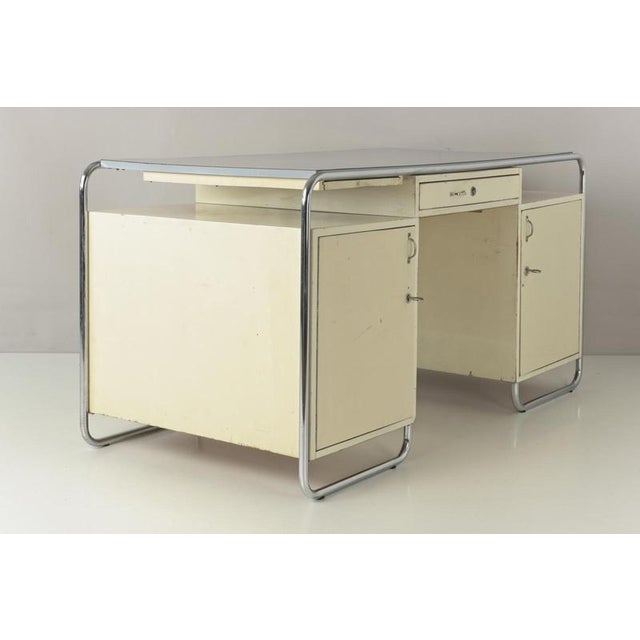 Wood Large Vintage German Steel Tube Desk, 1950 For Sale - Image 7 of 18
