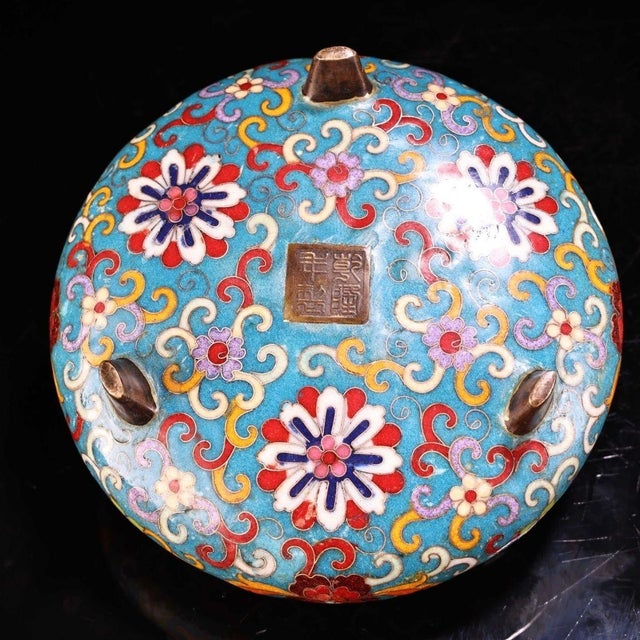 1980s Cloisonné Tripod Censer With Upright Ears - Blue Floral Enamel For Sale - Image 9 of 10