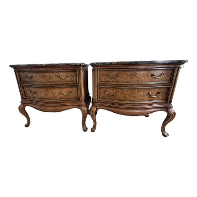 Pair of French Provincial Burl Wood Nightstands With Marble Tops – Bombe Chest Style For Sale