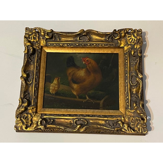 This painting resembles styles found in 19th-century English farmyard scenes, often depicting hens and chicks in a...