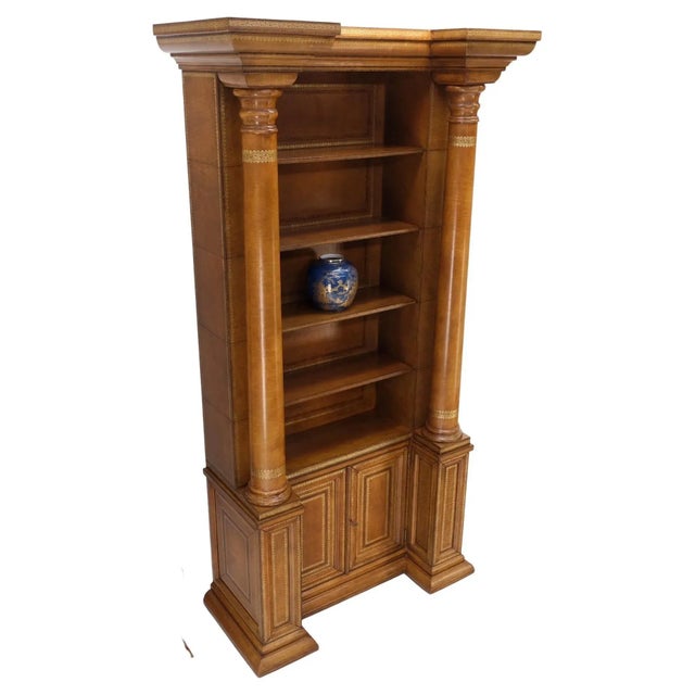 All Wrapped in Tooled Leather Massive Decorative Columns 2 Part Bookcase Hutch For Sale - Image 13 of 13
