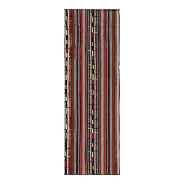 1950s Vintage Chaput Kilim Rug in Red and Brown, Multicolor Stripe Patterns-3'x9'6'' For Sale