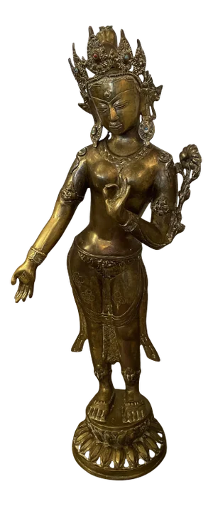 Vintage Brass - Finish Tall Metal Statue With Semi Precious Stones