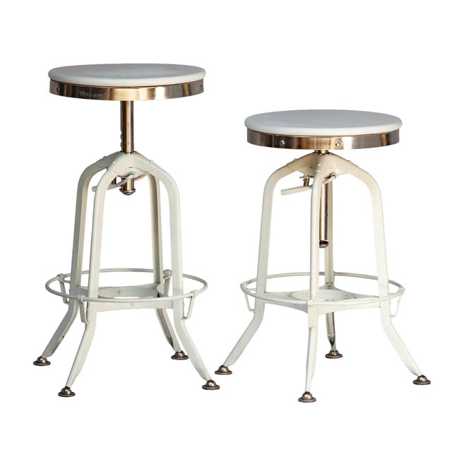 Industrial Pr. Of Vintage Restoration Hardward Adjustable White Bar Stools For Sale - Image 3 of 13