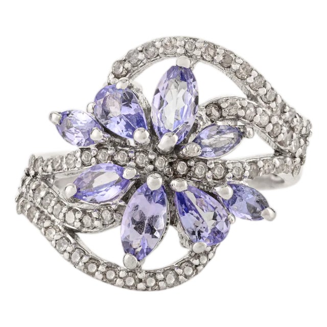 925 Silver Marquise Cut Tanzanite Flower Cocktail Ring With Diamond - Size 8 For Sale