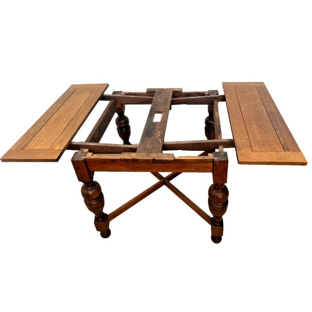 English Early 20th Century English Tudor Expansion Table Turned Baluster Legs Quarter Sawn Oak, X-Stretcher 1a For Sale - Image 3 of 16