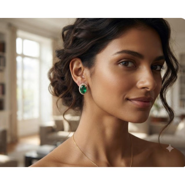 Emerald Natural 7cts Emerald & 0.43cts Diamond Earring in 14k Gold For Sale - Image 8 of 8