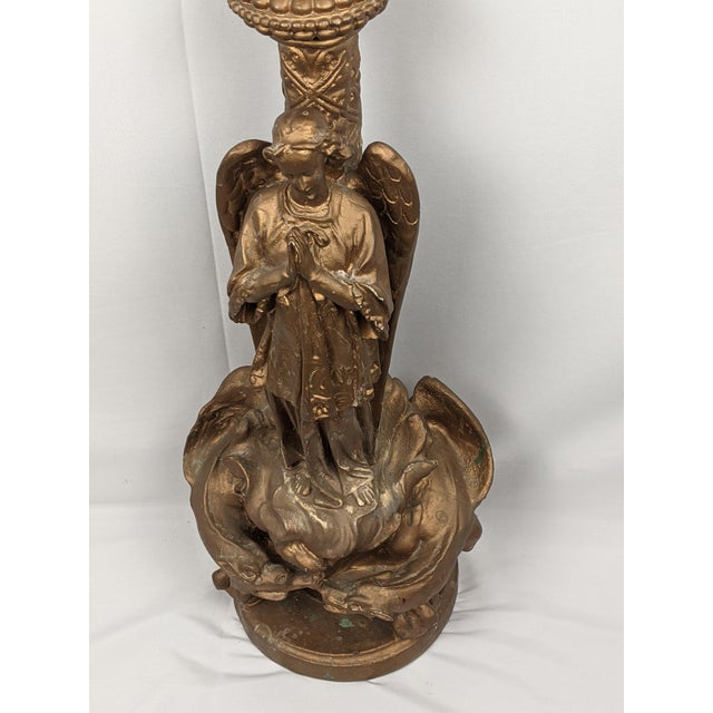 Monumental Gothic Revival Angel Pedestal Candleholder With Mythological Dragon Base For Sale - Image 12 of 16