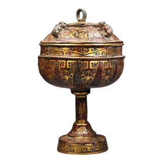 Vintage Chinese Bronze Stemmed Incense Burner, Intricate Gold Inlaid Scroll & Geometric Motifs, Chinoiserie Archaic Censer For Sale