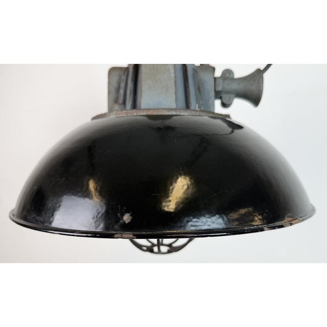 Industrial Black Enamel and Cast Iron Cage Pendant Light from Elektrosvit, 1960s For Sale - Image 4 of 18