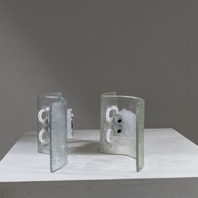 Metal Italian Curved Hammered Glass Wall Lamps, 1970s, Set of 2 For Sale - Image 7 of 8