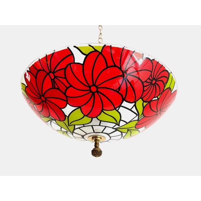 Stunning large Tiffany style reverse painted glass bowl chandelier with painterly red poppy flowers, bright green leaves,...