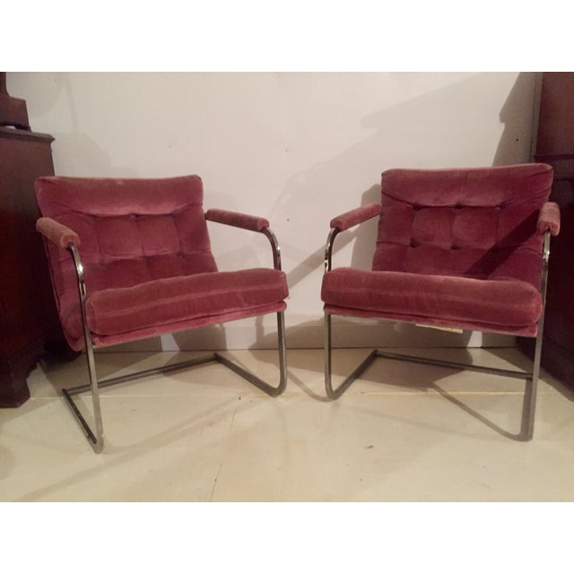 Chrome & Velvet Arm Chairs - A Pair | Chairish