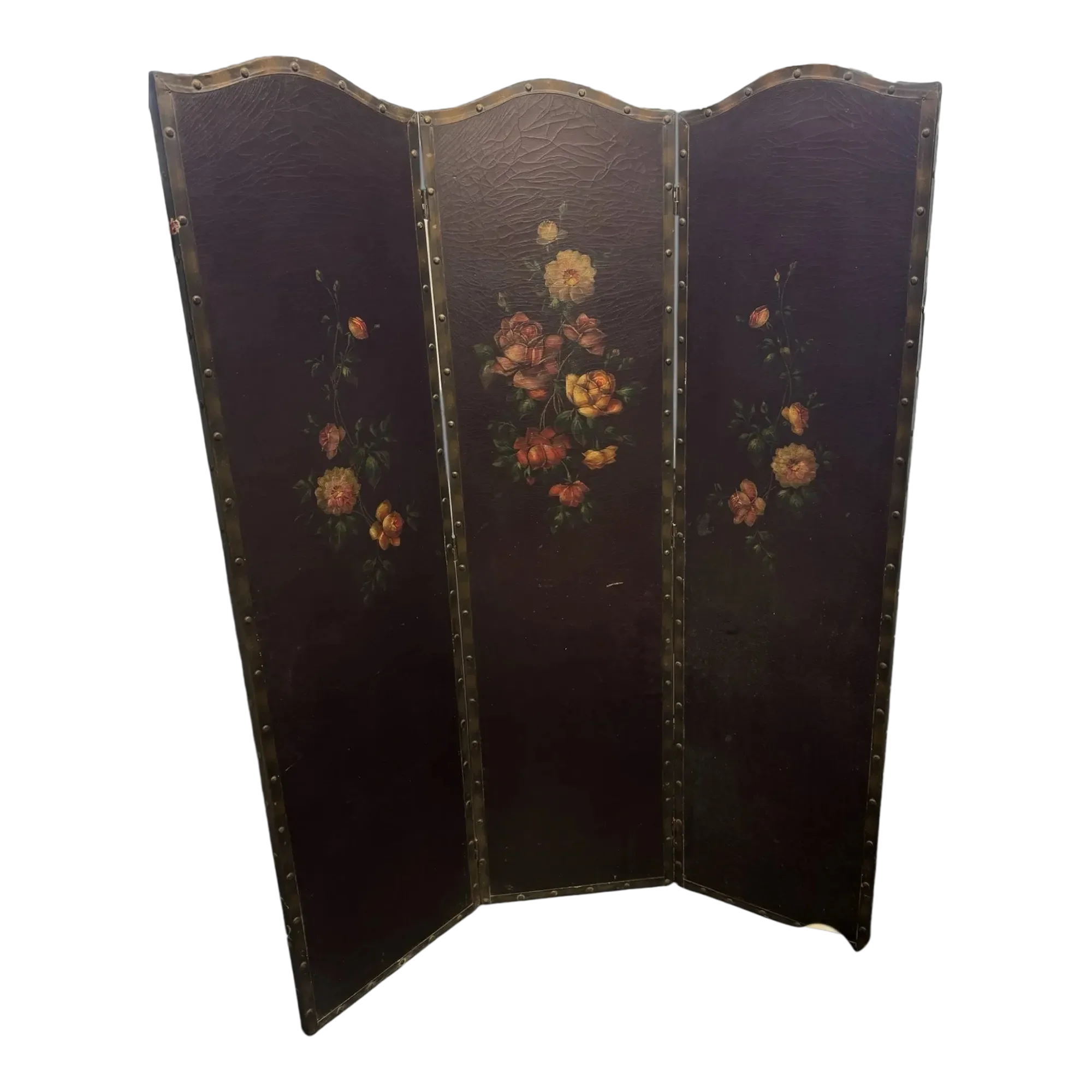 Antique Hand Painted Floral Decorated Folding Leather Dressing Screen |  Chairish