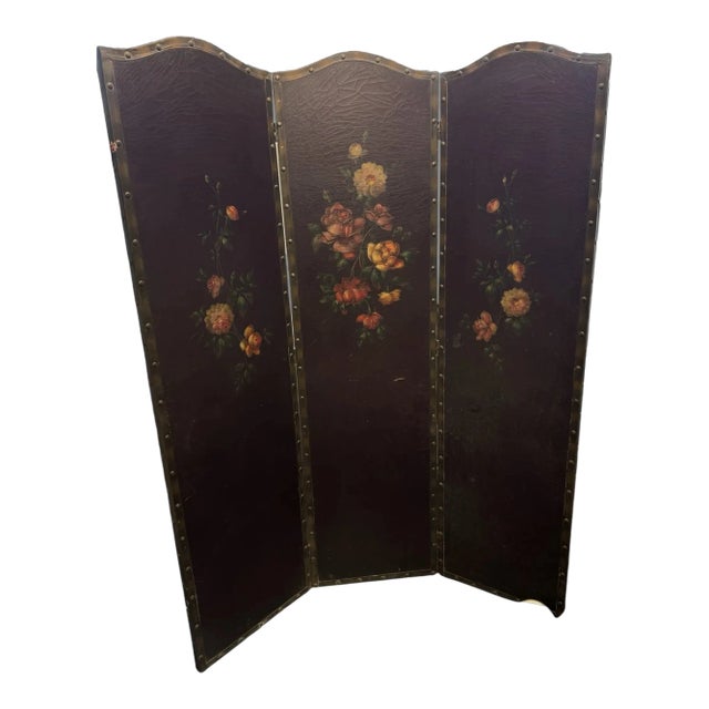 Antique Hand Painted Floral Decorated Folding Leather Dressing Screen For Sale