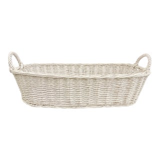 Vintage Long 21 Inch Antique White Painted Wicker Bread Basket With Handles For Sale