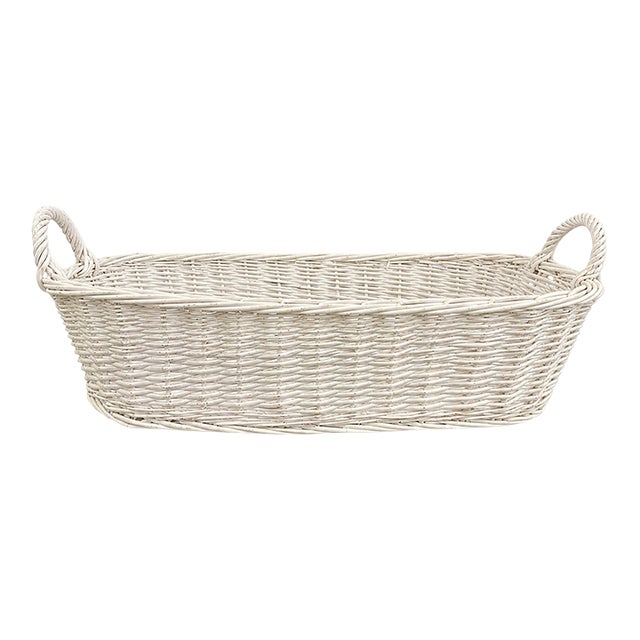 Vintage Long 21 Inch Antique White Painted Wicker Bread Basket With Handles For Sale