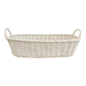 Vintage Long 21 Inch Antique White Painted Wicker Bread Basket With Handles