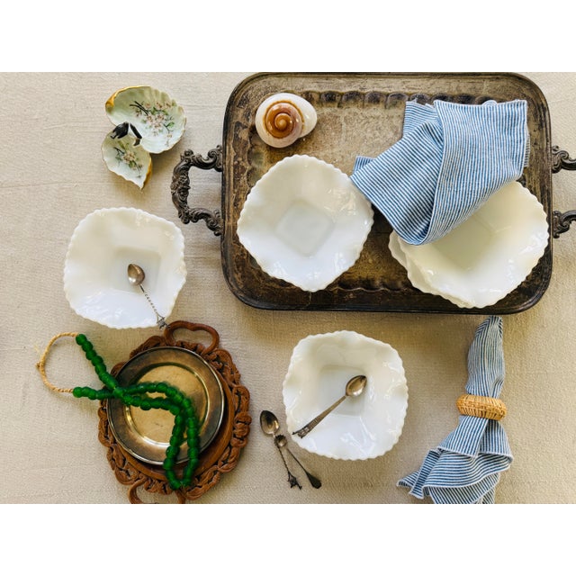 White 1960s MCM Hazel Atlas Diamond Cut Ruffled Milk Glass Bowls 6.25 Inch Vintage Scalloped Dessert Bowls - Set of 6 For Sale - Image 8 of 11