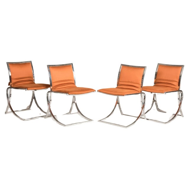 Metal Orange Upholstery Chromed Steel Chairs, 1970s, Set of 4 For Sale - Image 7 of 7