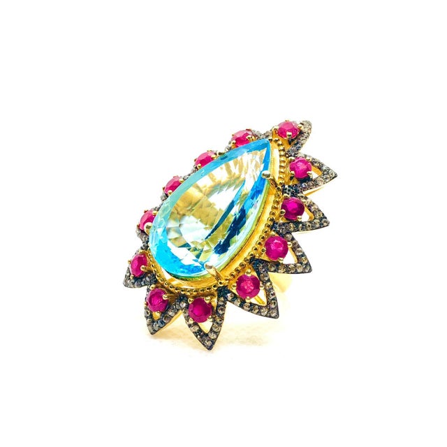 Bochic “Capri” Vintage Ruby, Blue Topaz & Diamond Ring Set In 18K Gold & Silver For Sale - Image 10 of 11