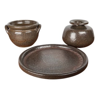 Mid-Century Modern German Studio Pottery Vessels, Plate, Vase, Bowl from Rudi Stahl, 1960s, Set of 3 For Sale