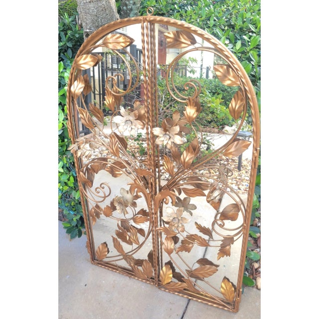 Vintage Tole Arched Regency 2 Door Gold Floral Wall Mirror For Sale - Image 12 of 12