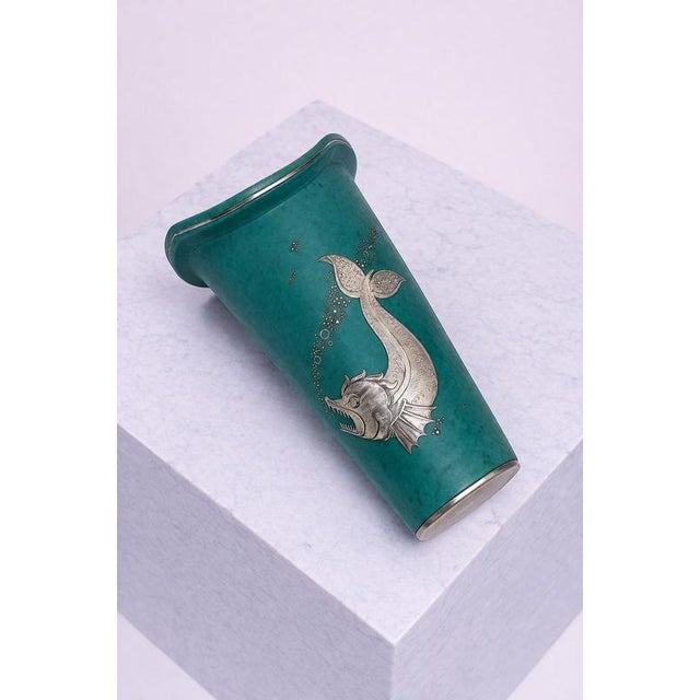 1940s Argenta Vase with Silver Fish by Wilhelm Kåge for Gustavsberg, Sweden, 1940s For Sale - Image 5 of 8