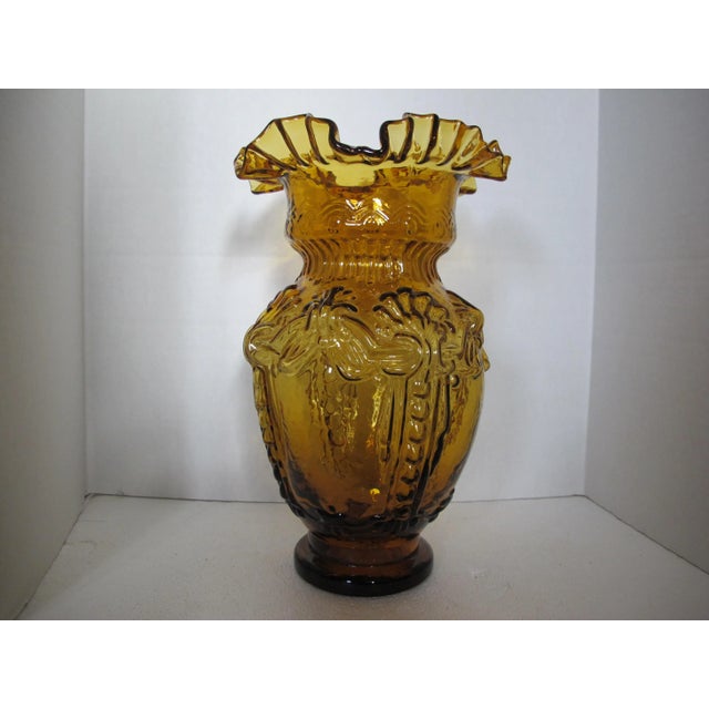 Victorian Mid 20th Century Amber Glass Ruffled Rim Statement Vase For Sale - Image 3 of 6
