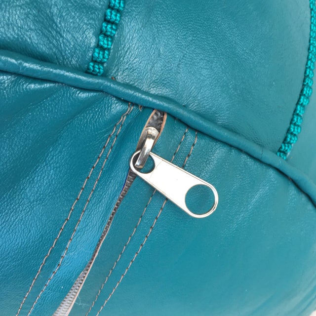 Moroccan Hand Made Teal Leather Pouf For Sale In Miami - Image 6 of 8