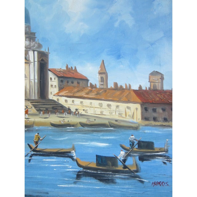 Blue 1970s Merchant in Venice Gondola Ride Signed Harris Oil on Canvas For Sale - Image 8 of 18