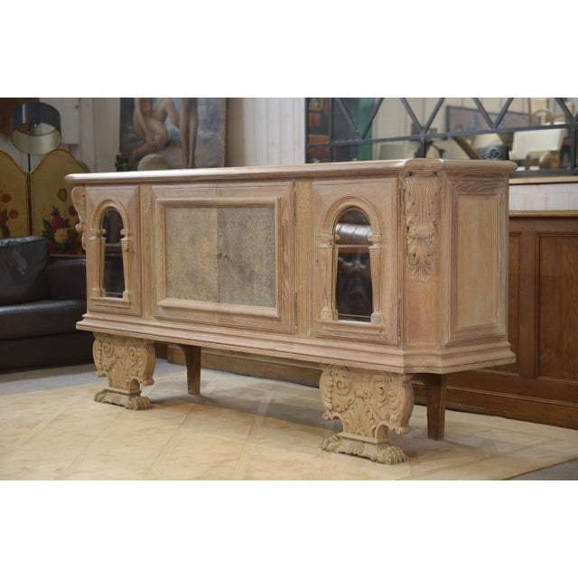 Large 4-Door Sideboard in Cerused Oak, Reverse-Painted Mirror and Leather, 1950s For Sale - Image 16 of 16