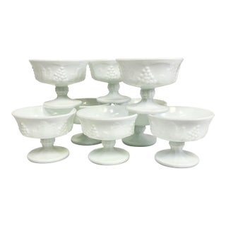 1970s Vintage Americana Arts & Crafts Indiana Glass Grape Milk Glass Champagne Coupes/Sherbet Cups - Set of 8 For Sale