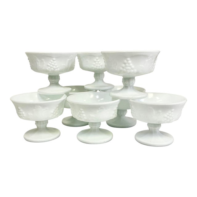 1970s Vintage Americana Arts & Crafts Indiana Glass Grape Milk Glass Champagne Coupes/Sherbet Cups - Set of 8 For Sale