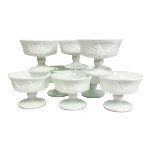1970s Vintage Americana Arts & Crafts Indiana Glass Grape Milk Glass Champagne Coupes/Sherbet Cups - Set of 8