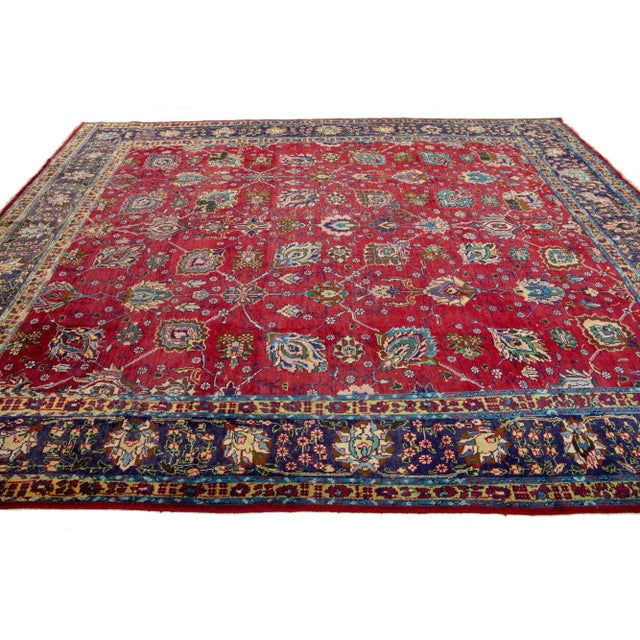 1960s Vintage Floral Tabriz Persian Wool Rug in Red For Sale In New York - Image 6 of 7