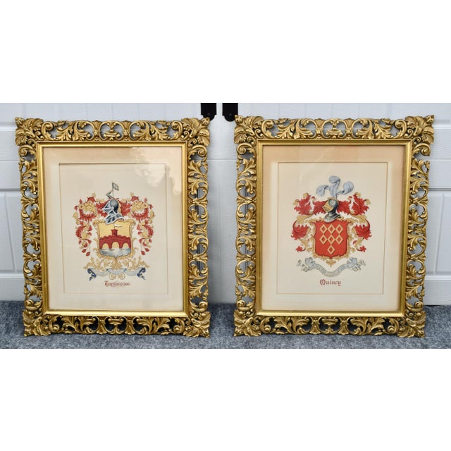 Vintage Pair Framed Prints Coat of Arm Ornate Gold Gilt For Sale - Image 9 of 18