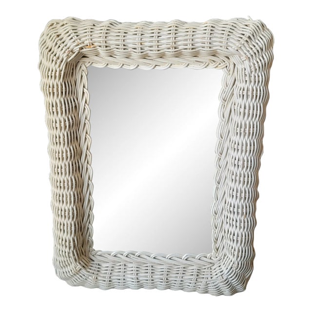 Vintage 1950's Rectangular White Mid Century Modern Wicker Wall Mirror For Sale