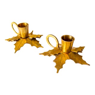 Holiday Brass Holly Leaf Candlestick Holders With Finger Loops Set of 2 For Sale